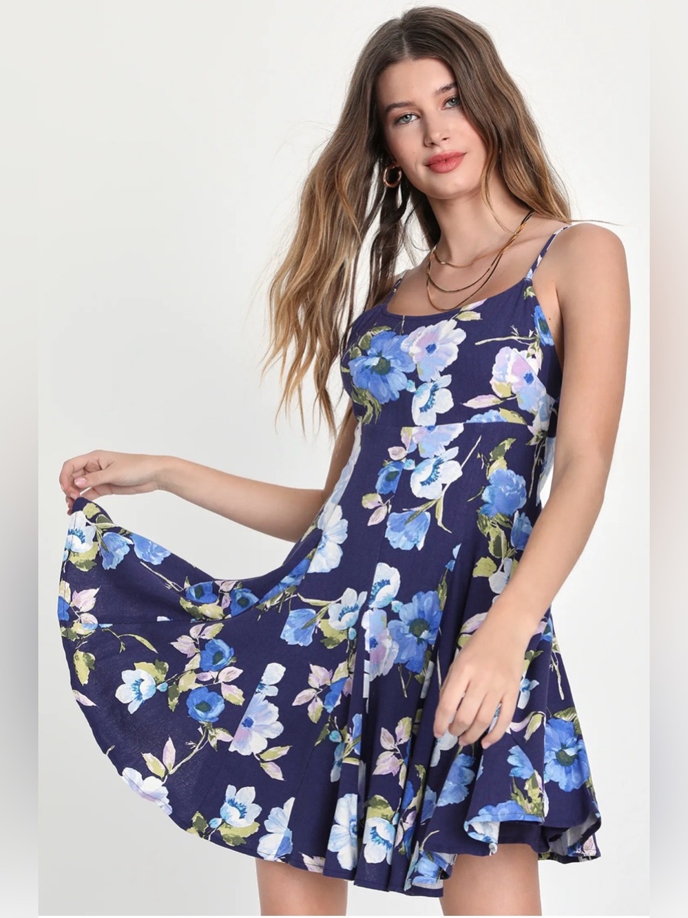 Lulu's Adorable Sweetness Navy Blue Floral Print Linen Mini Dress